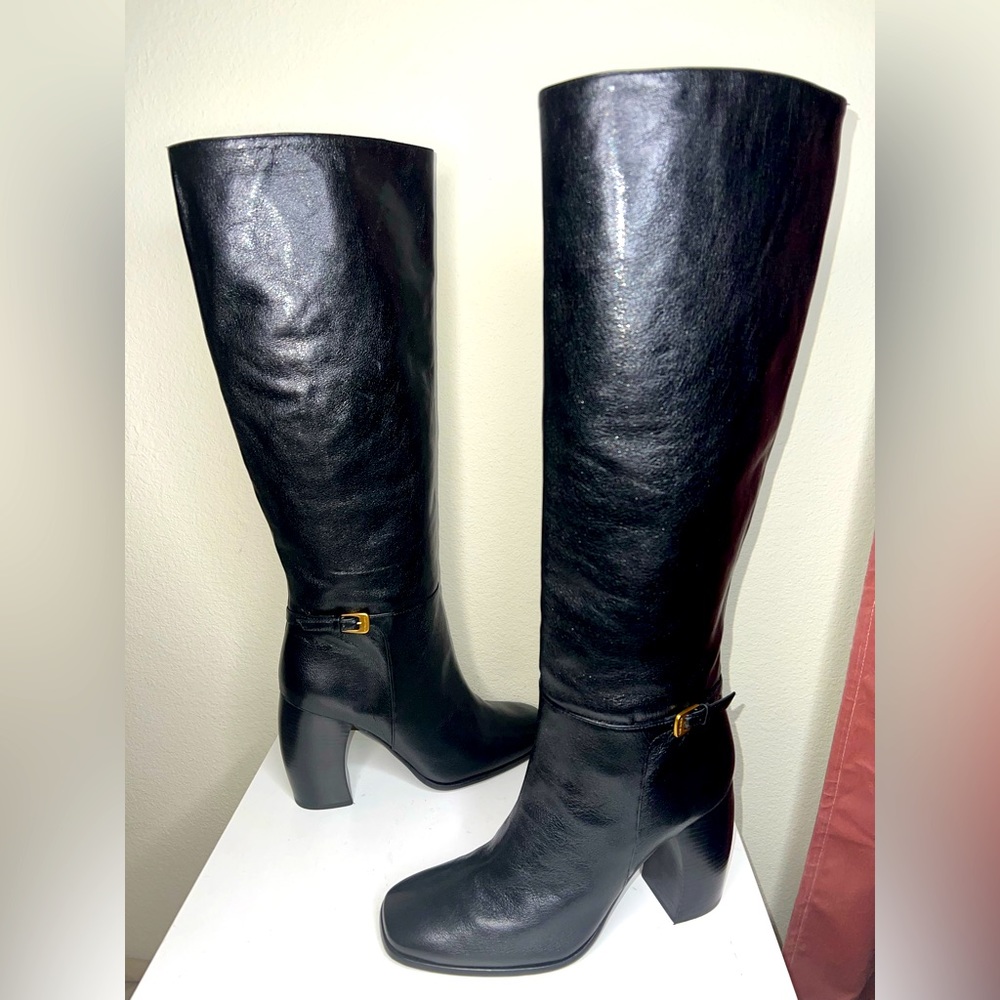 Tory Burch Womens Black Banana Heel Buckle Leather Knee-High Boots Shoes Sz 10M